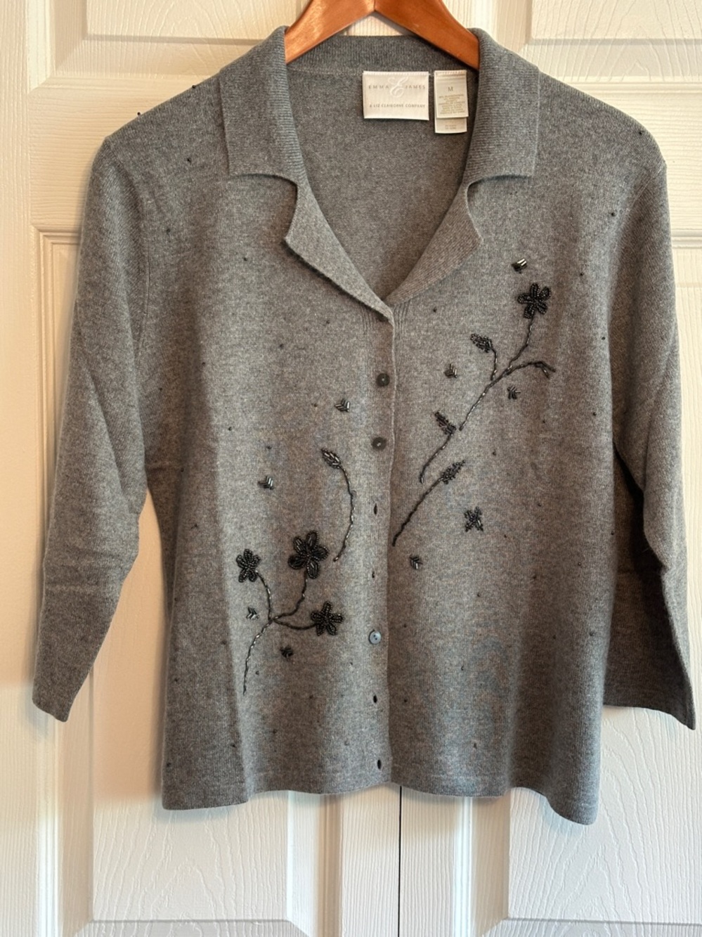 Emma James/Liz Claiborne Gray Beaded Floral Cardigan